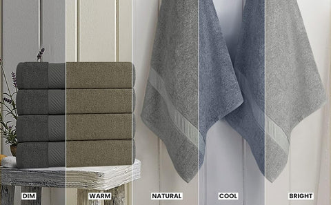 Utopia Towels folded stack on bathroom shelf showing neat storage benefit
