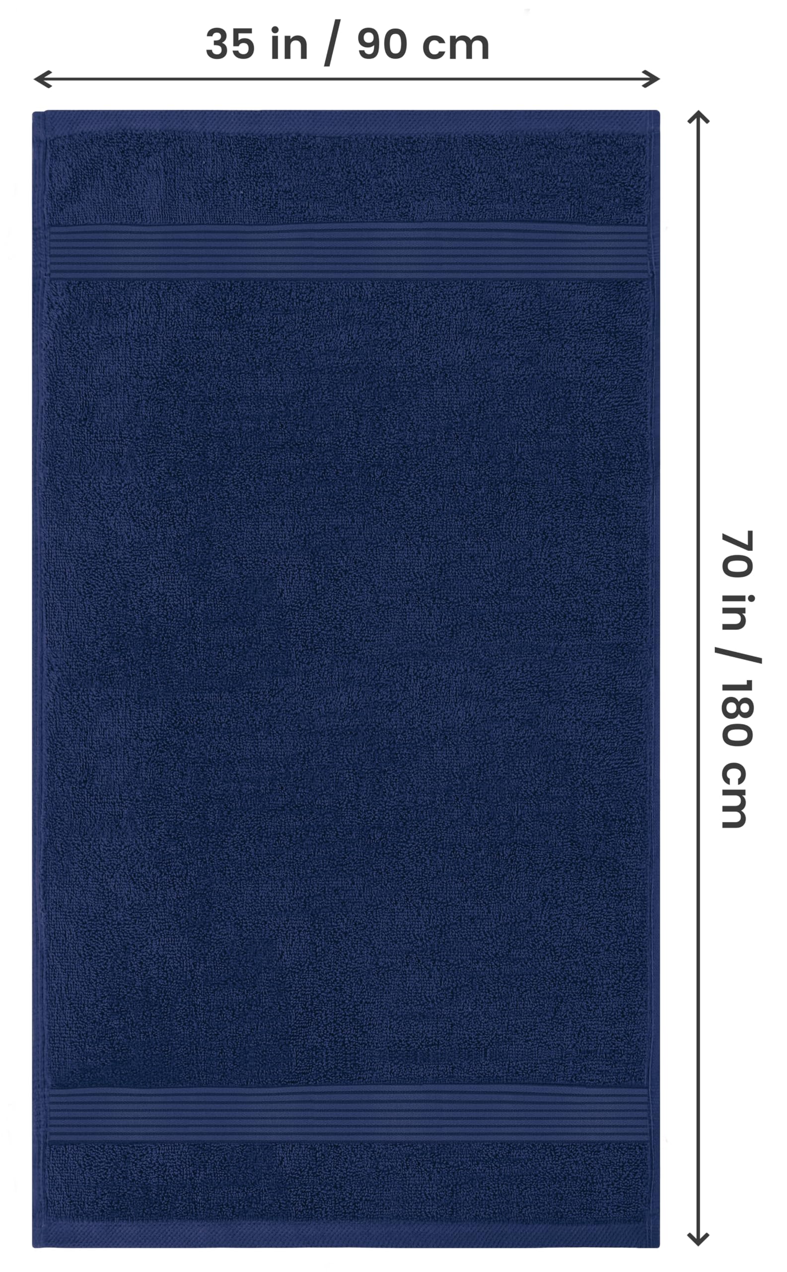 Utopia Towels folded stack navy highlighting neat storage and softness
