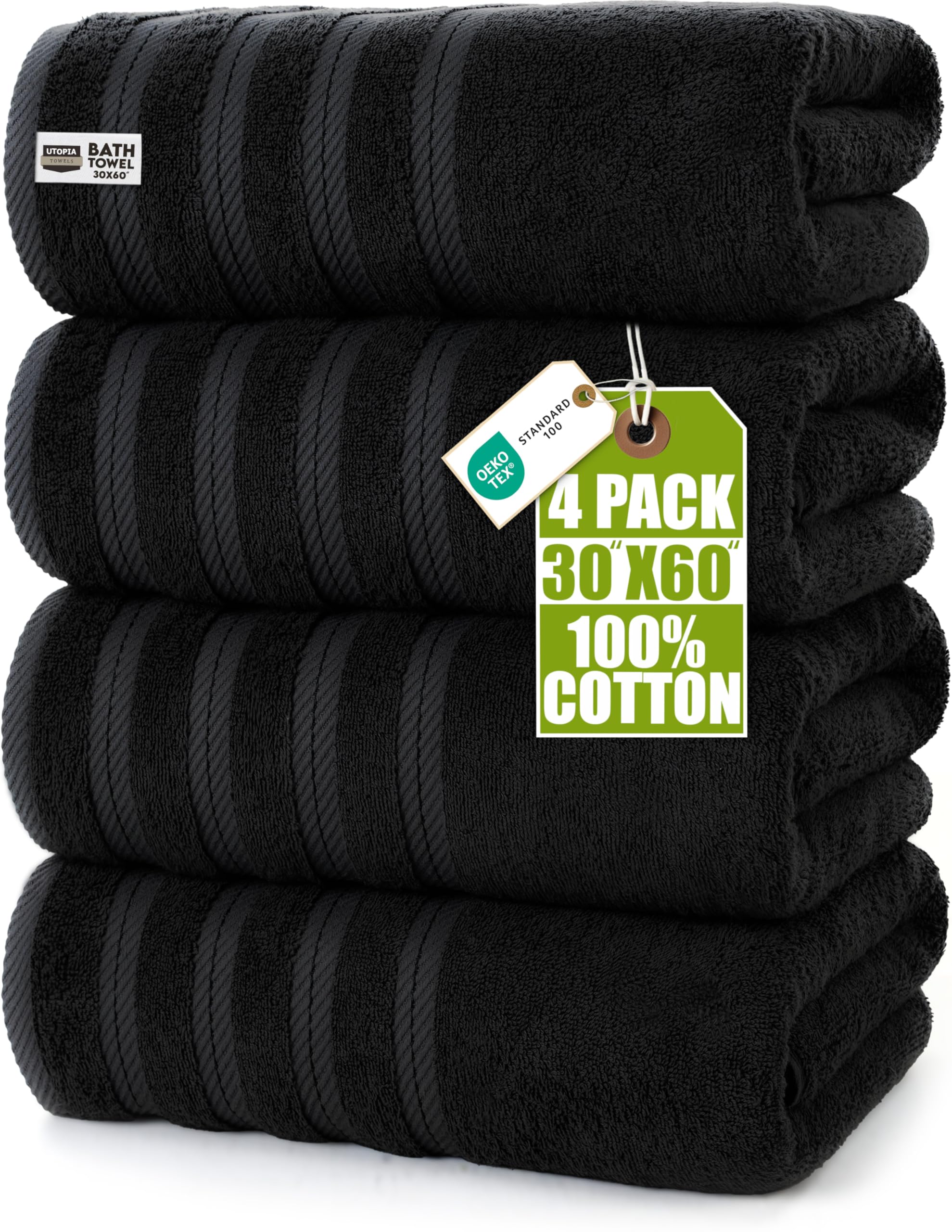 Utopia Towels front pack view showing four black XL towels and modern style