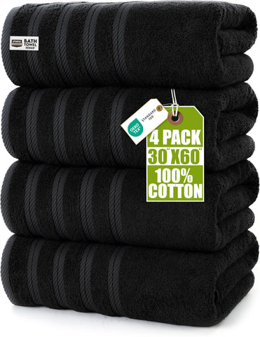 Utopia Towels front pack view showing four black XL towels and modern style