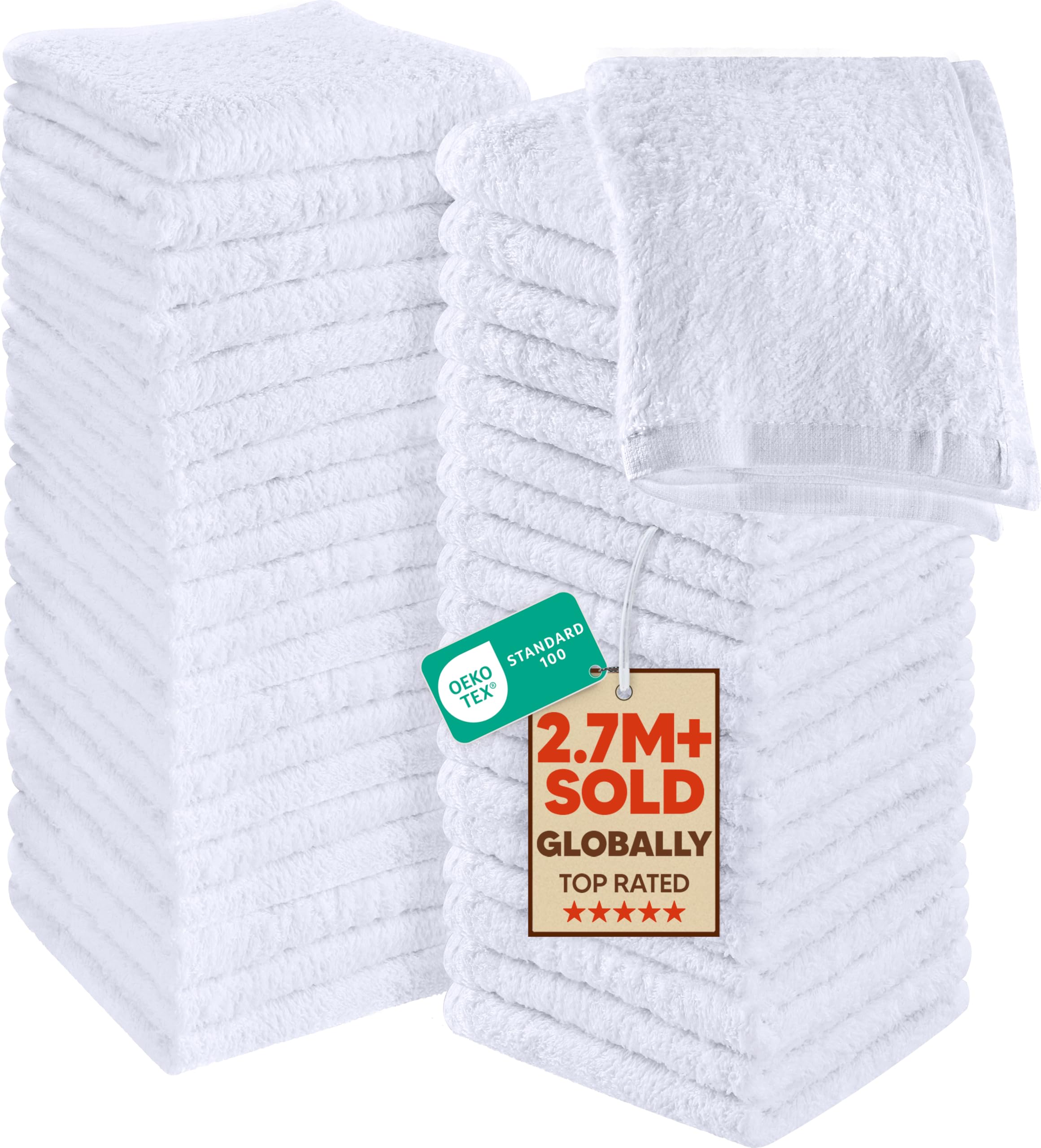 Utopia Towels front pack showing 60-count white washcloths and clear value