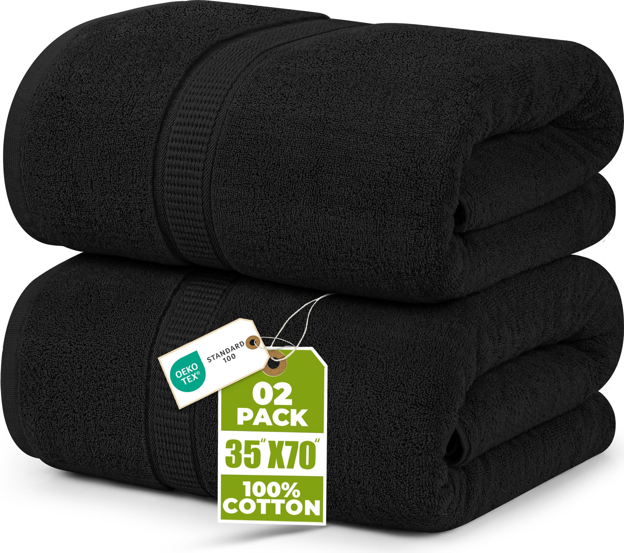 Utopia Towels front packaging showing two black jumbo bath sheets and set info