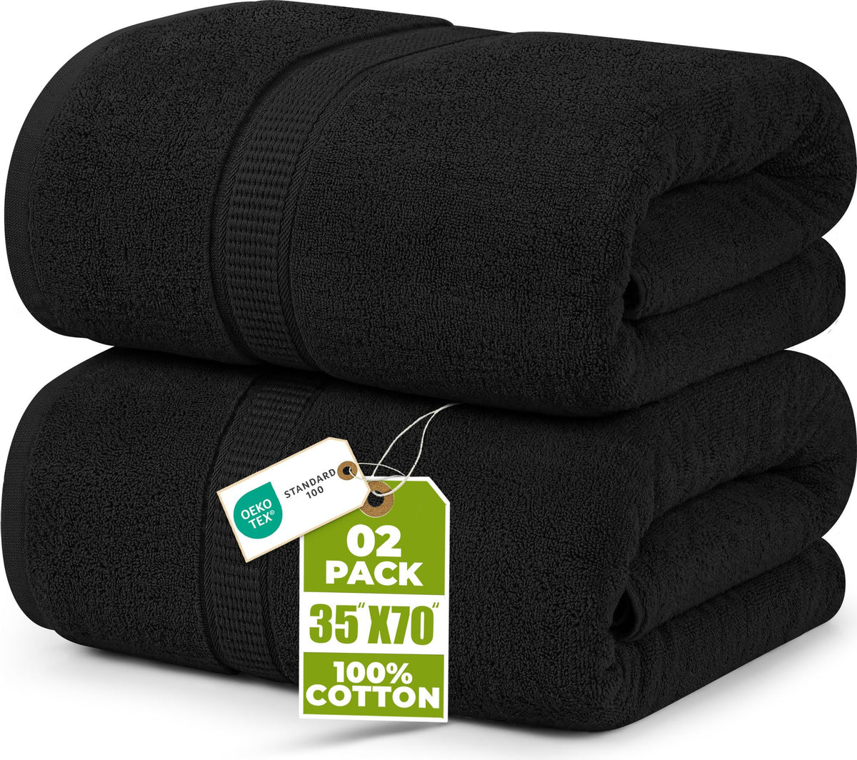 Utopia Towels front packaging showing two black jumbo bath sheets and set info
