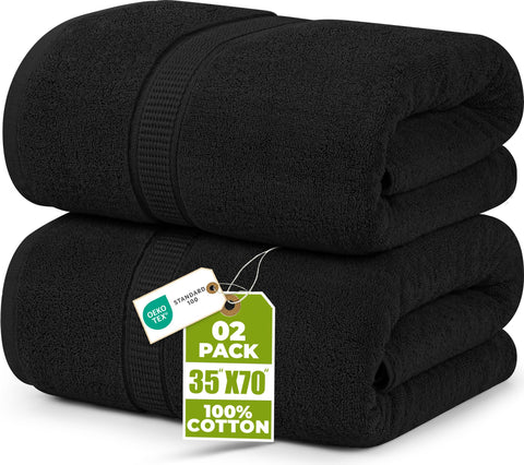 Utopia Towels front packaging showing two black jumbo bath sheets and set info