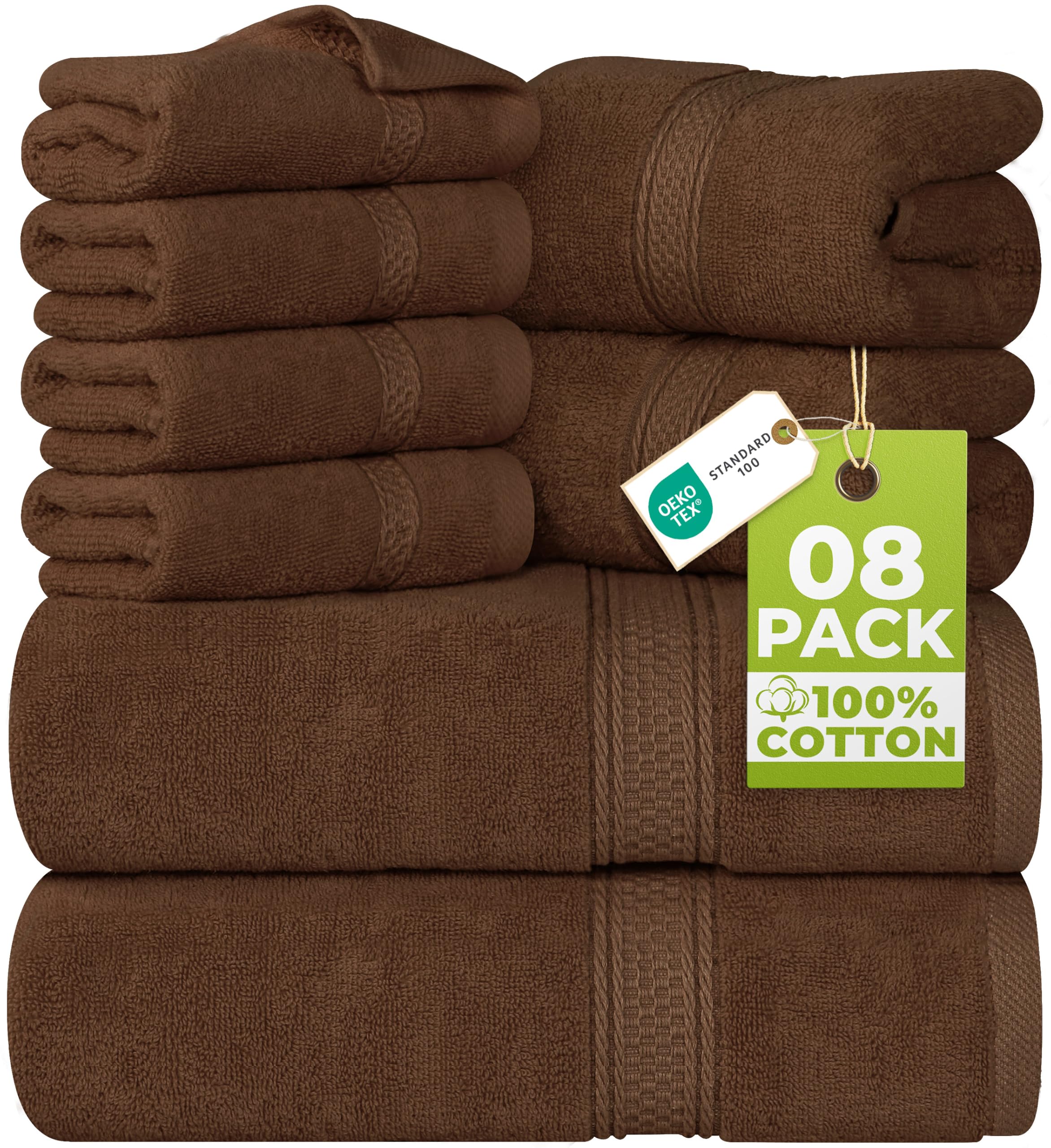 Utopia Towels front packaging showing brown 8-piece set and convenience
