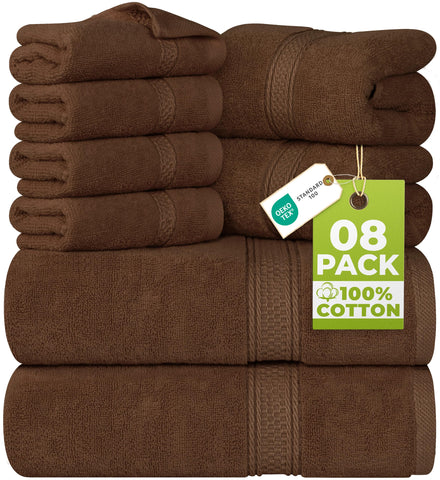 Utopia Towels front packaging showing brown 8-piece set and convenience