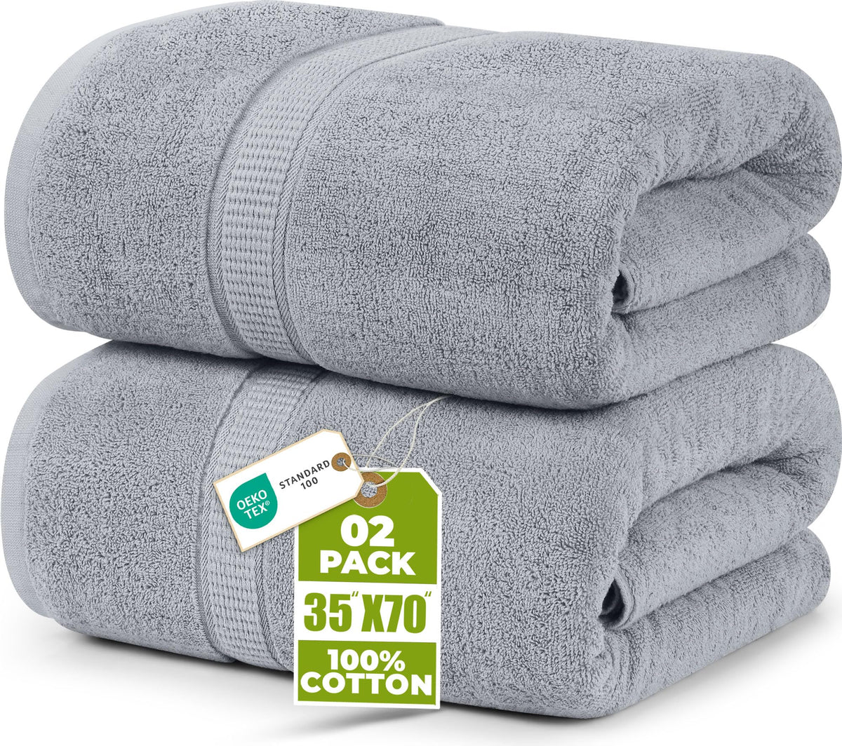 Utopia Towels front view of two cool grey jumbo bath sheets showing plush look and generous size