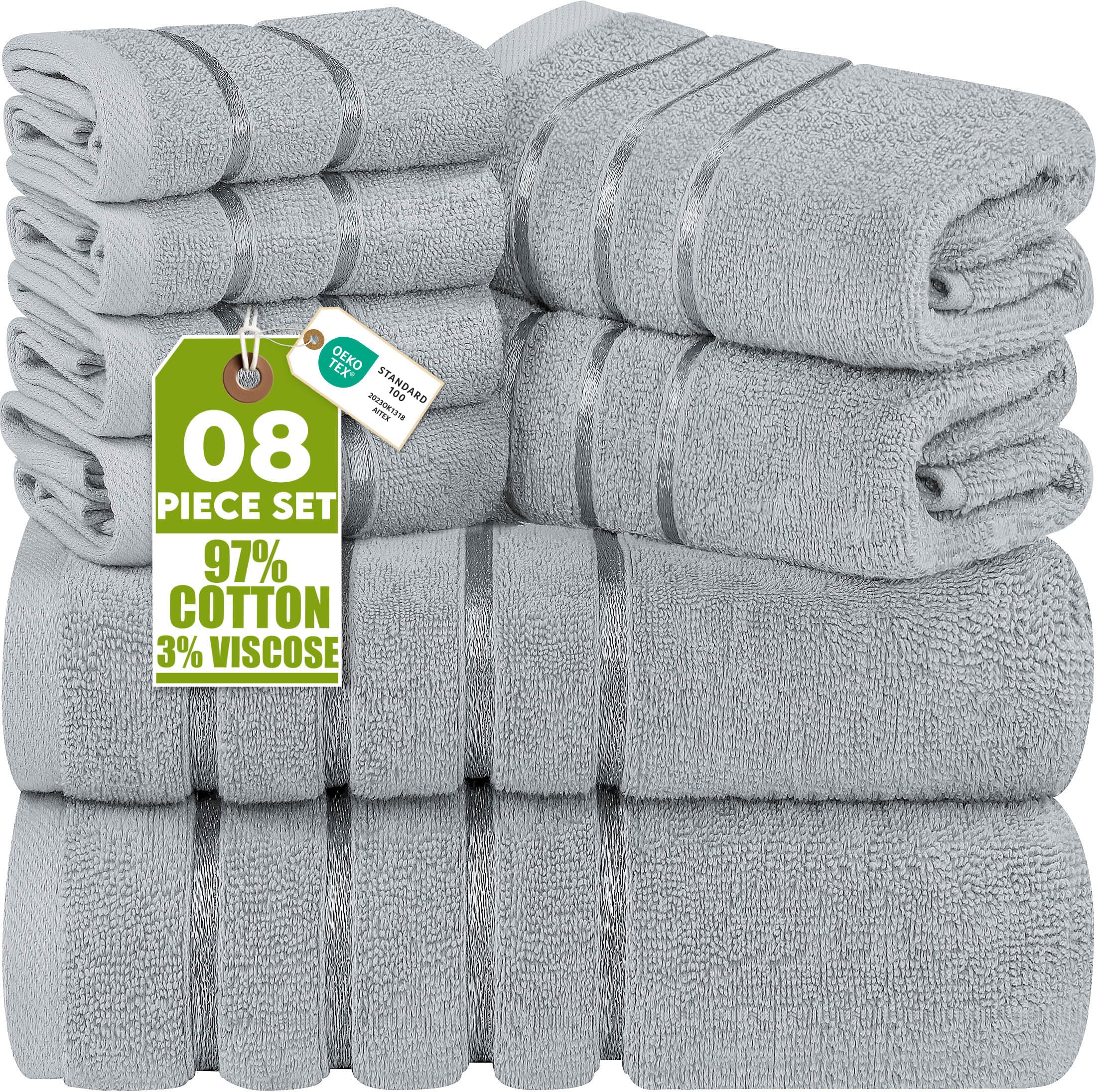Utopia Towels front packaging in cool grey showing complete 8-piece set benefit convenience