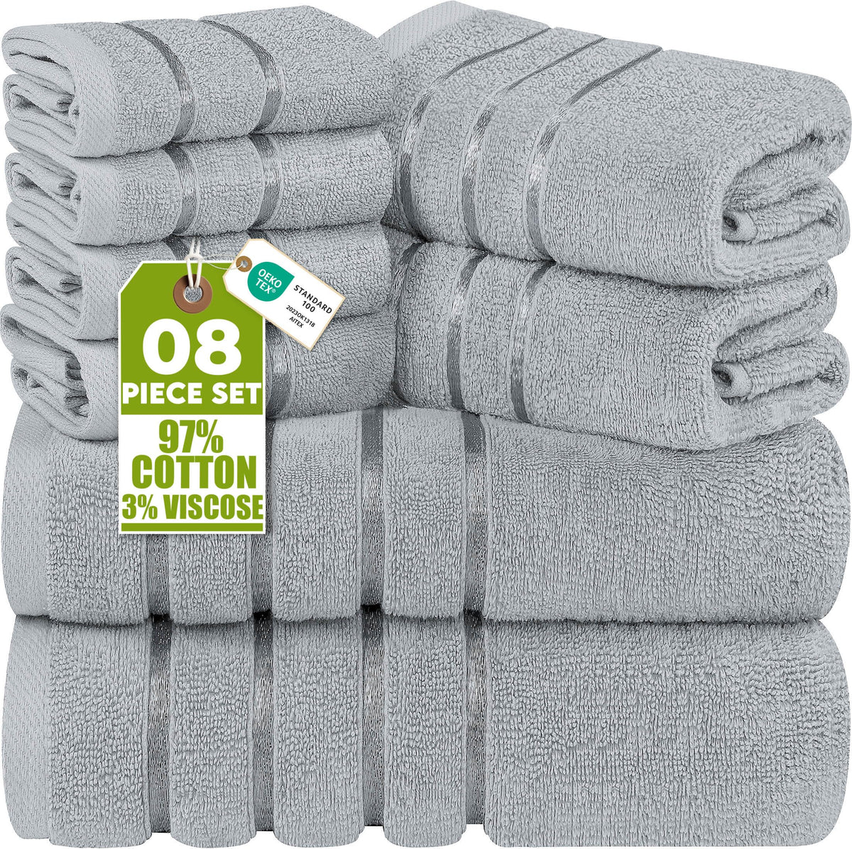 Utopia Towels front packaging in cool grey showing complete 8-piece set benefit convenience