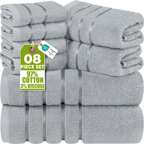 Utopia Towels front packaging in cool grey showing complete 8-piece set benefit convenience