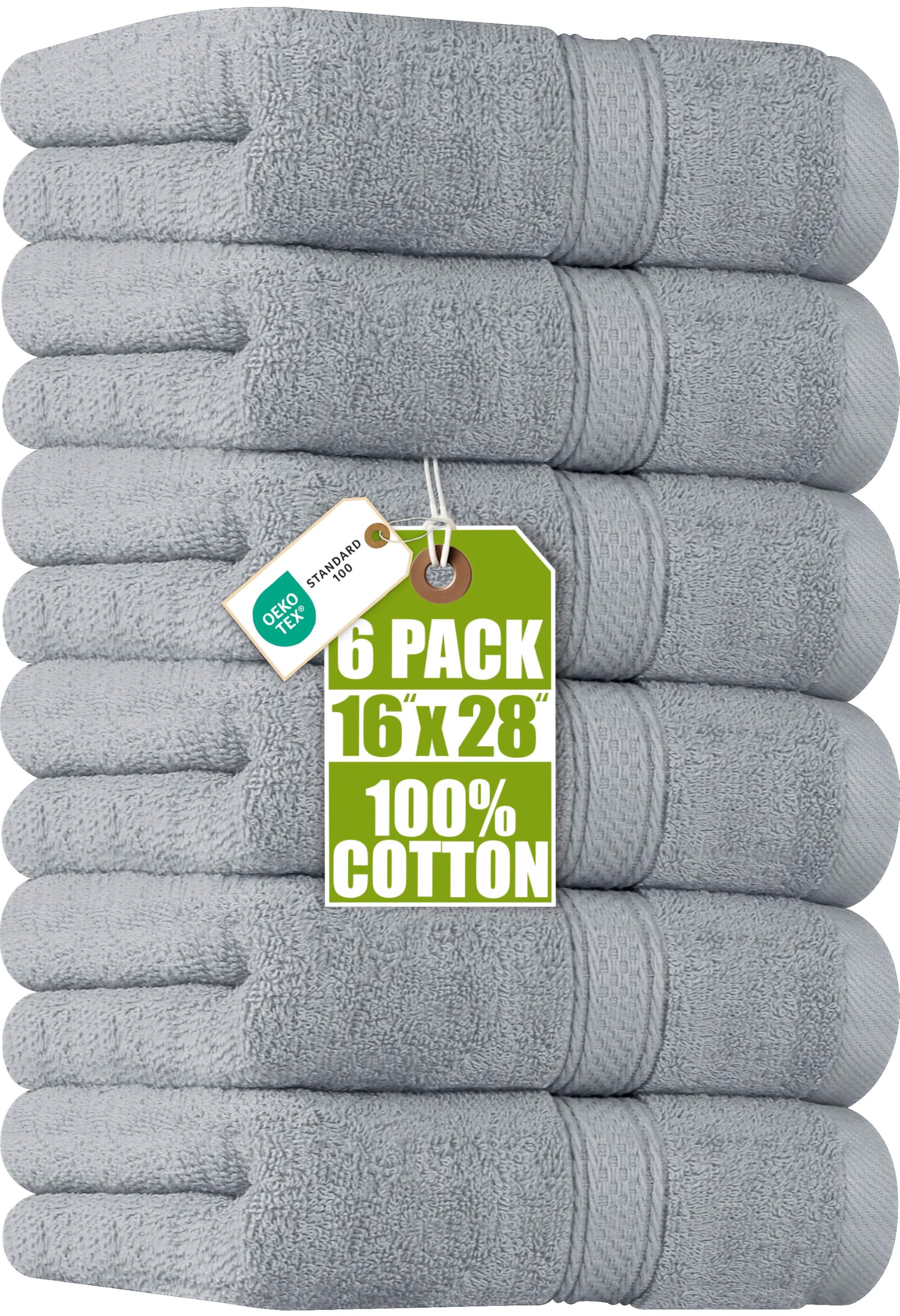 Utopia Towels front packaging showing six cool grey hand towels and neat fold benefit