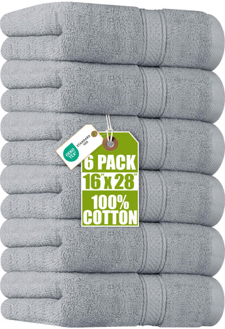 Utopia Towels front packaging showing six cool grey hand towels and neat fold benefit