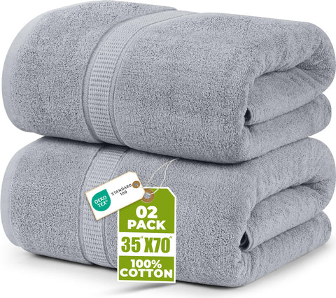 Utopia Towels front view of two cool grey jumbo bath sheets showing plush look and generous size