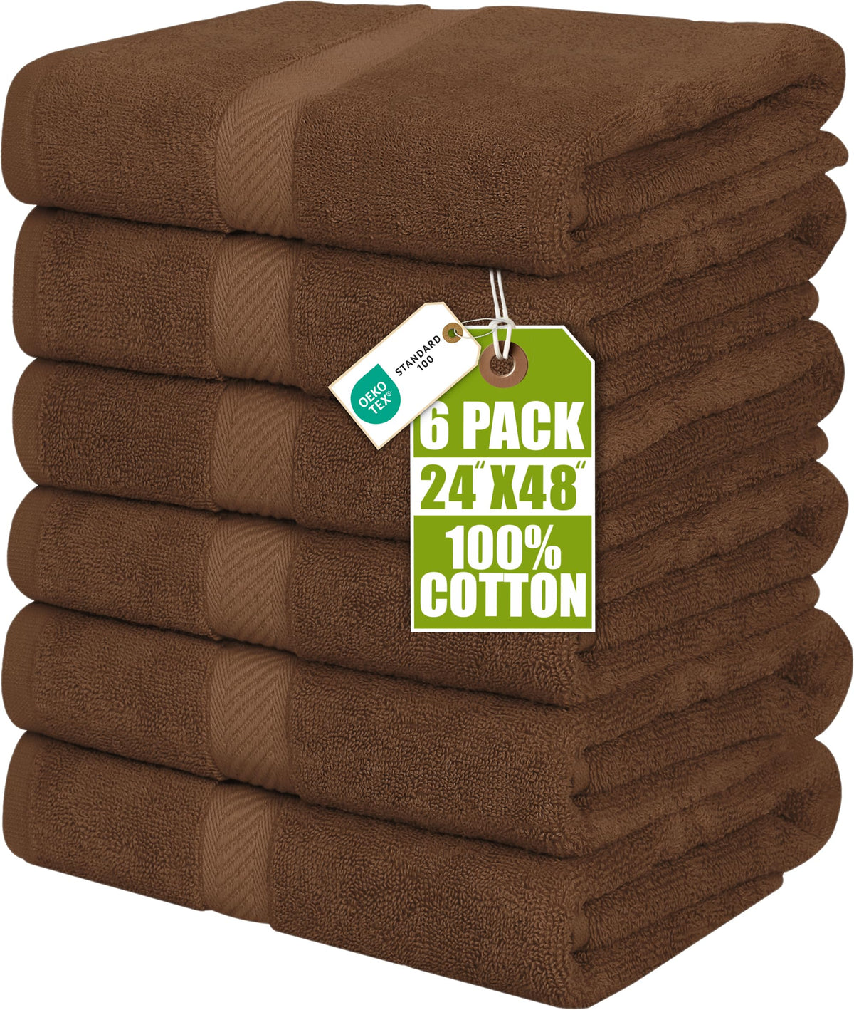 Utopia Towels front packaging showing six dark brown towels and value