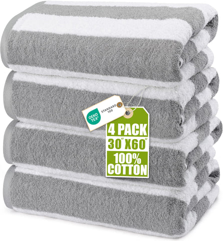 Utopia Towels front view of grey cabana pack showing four towels and convenient set advantage