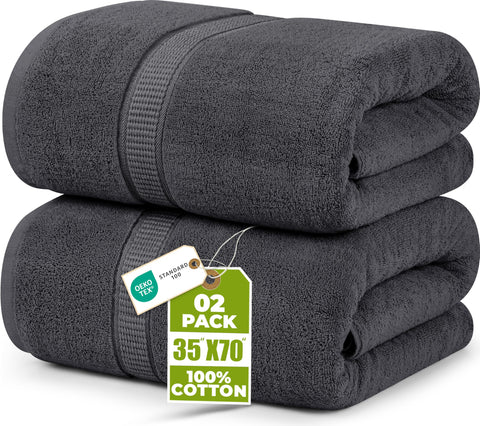 Utopia Towels front packaging showing two grey bath sheets and value
