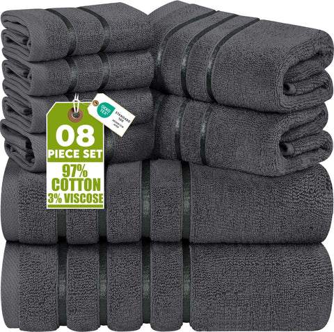 Utopia Towels front view showing full 8-piece grey set and neat fold benefit