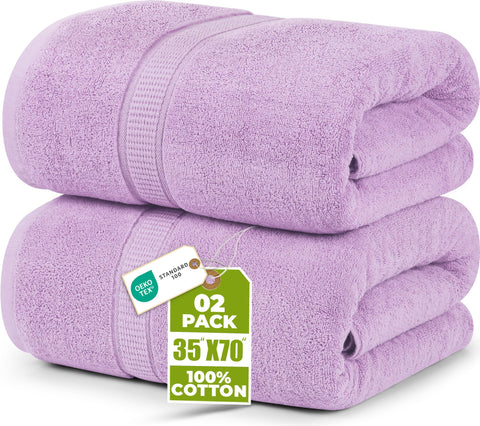 Utopia Towels front view of two lavender jumbo bath sheets, showing full pack benefit