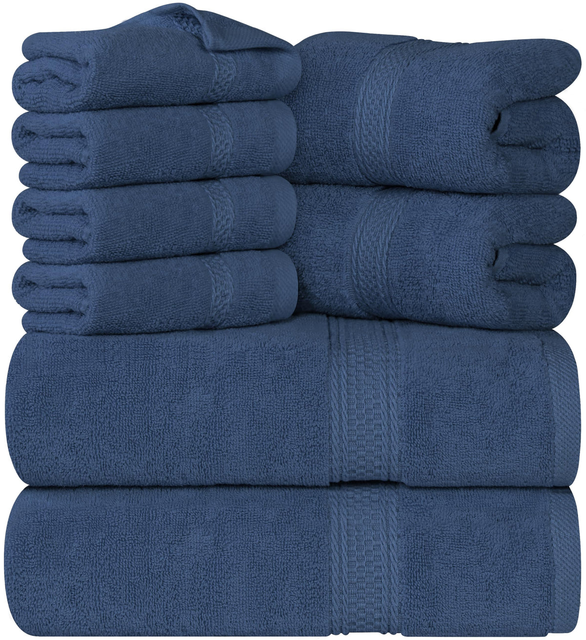 Utopia Towels front packaging navy showing full 8-piece set benefit organization