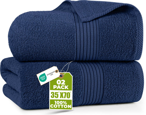 Utopia Towels front pack navy showing two bath sheets and value
