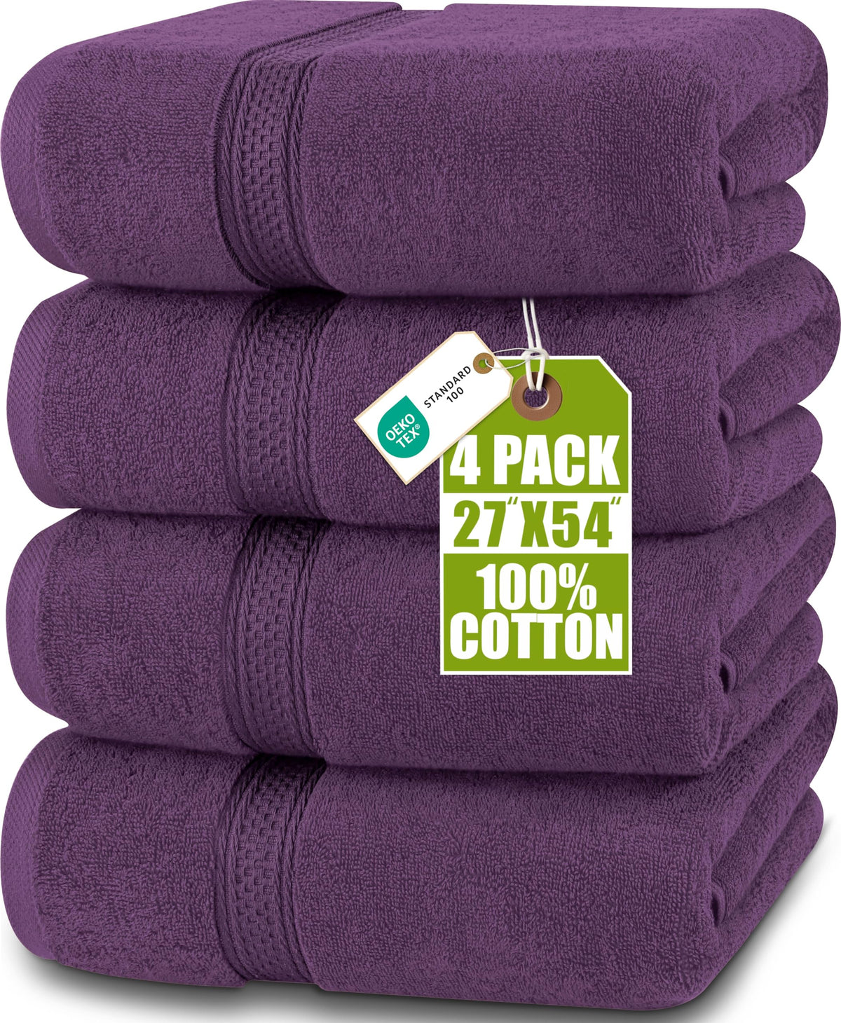 Utopia Towels front packaging showing plum towels and set count, highlights value
