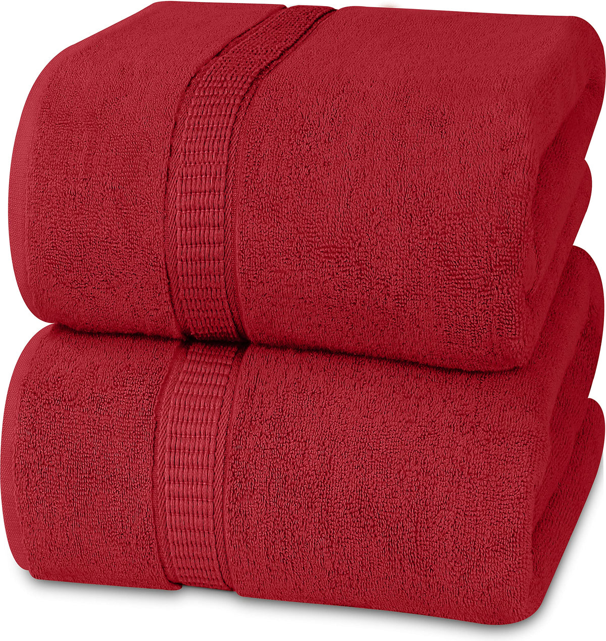Utopia Towels front packaging showing two red jumbo bath sheets and value