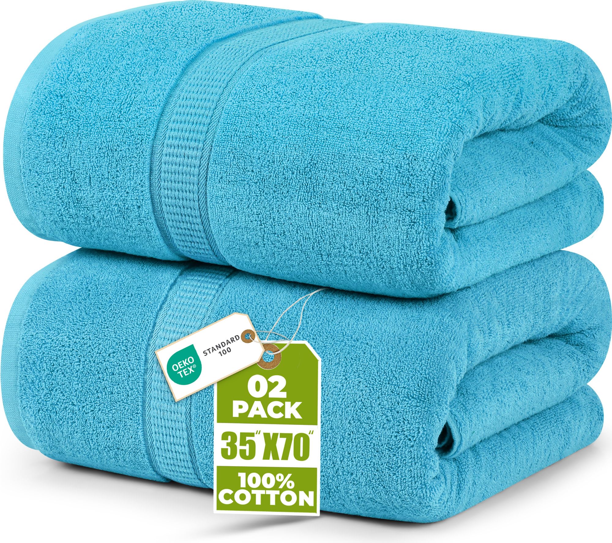 Utopia Towels front pack turquoise showing two bath sheets and packaging benefit