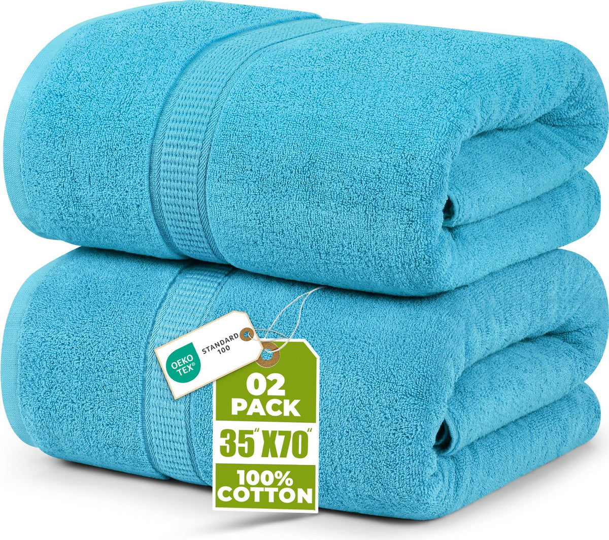 Utopia Towels front pack turquoise showing two bath sheets and packaging benefit