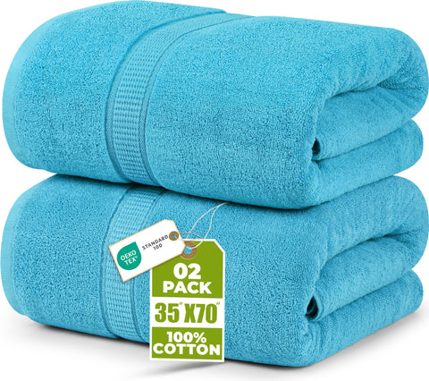 Utopia Towels front pack turquoise showing two bath sheets and packaging benefit