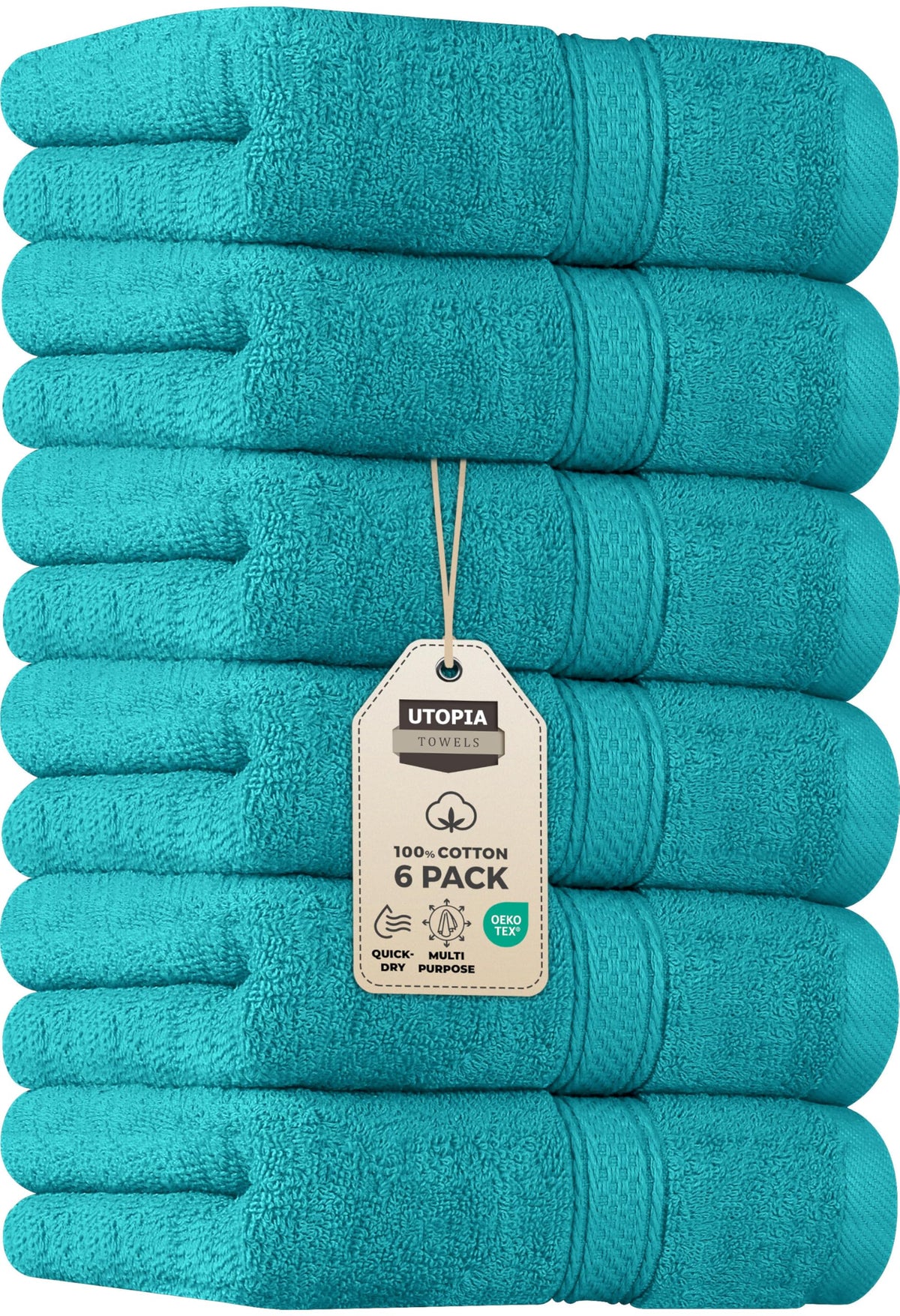 Utopia Towels front packaging showing turquoise six-pack and value
