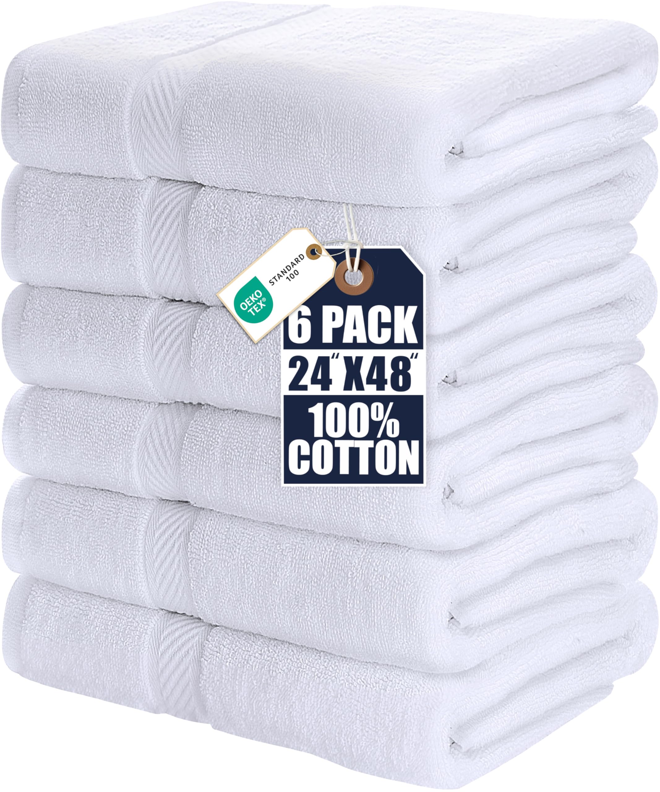 Utopia Towels front pack display showing six white medium bath towels and clean styling