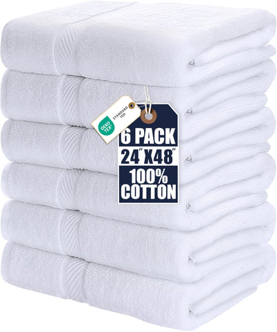 Utopia Towels front pack display showing six white medium bath towels and clean styling