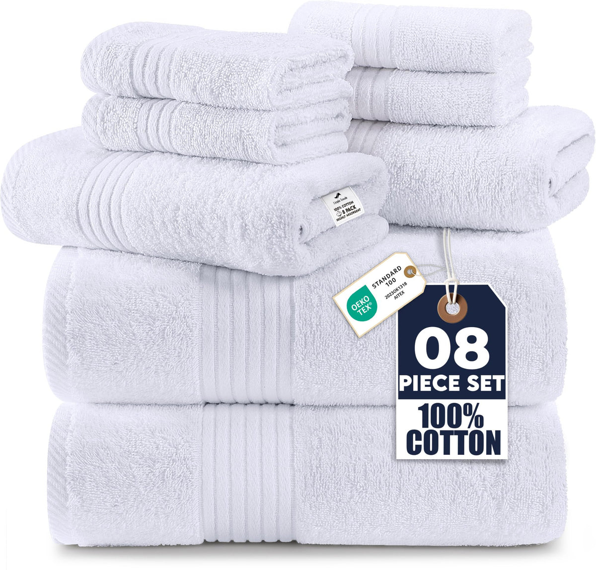 Utopia Towels front packaging showing complete 8-piece white set and neat presentation