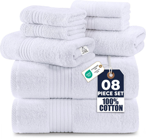 Utopia Towels front packaging showing complete 8-piece white set and neat presentation