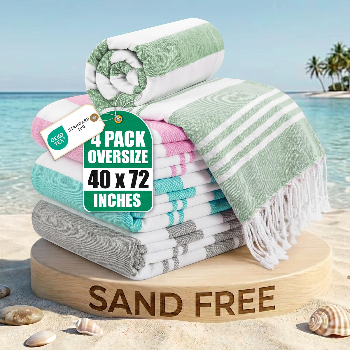 Utopia Towels front pack view showing four colored oversized cotton towels, easy storage