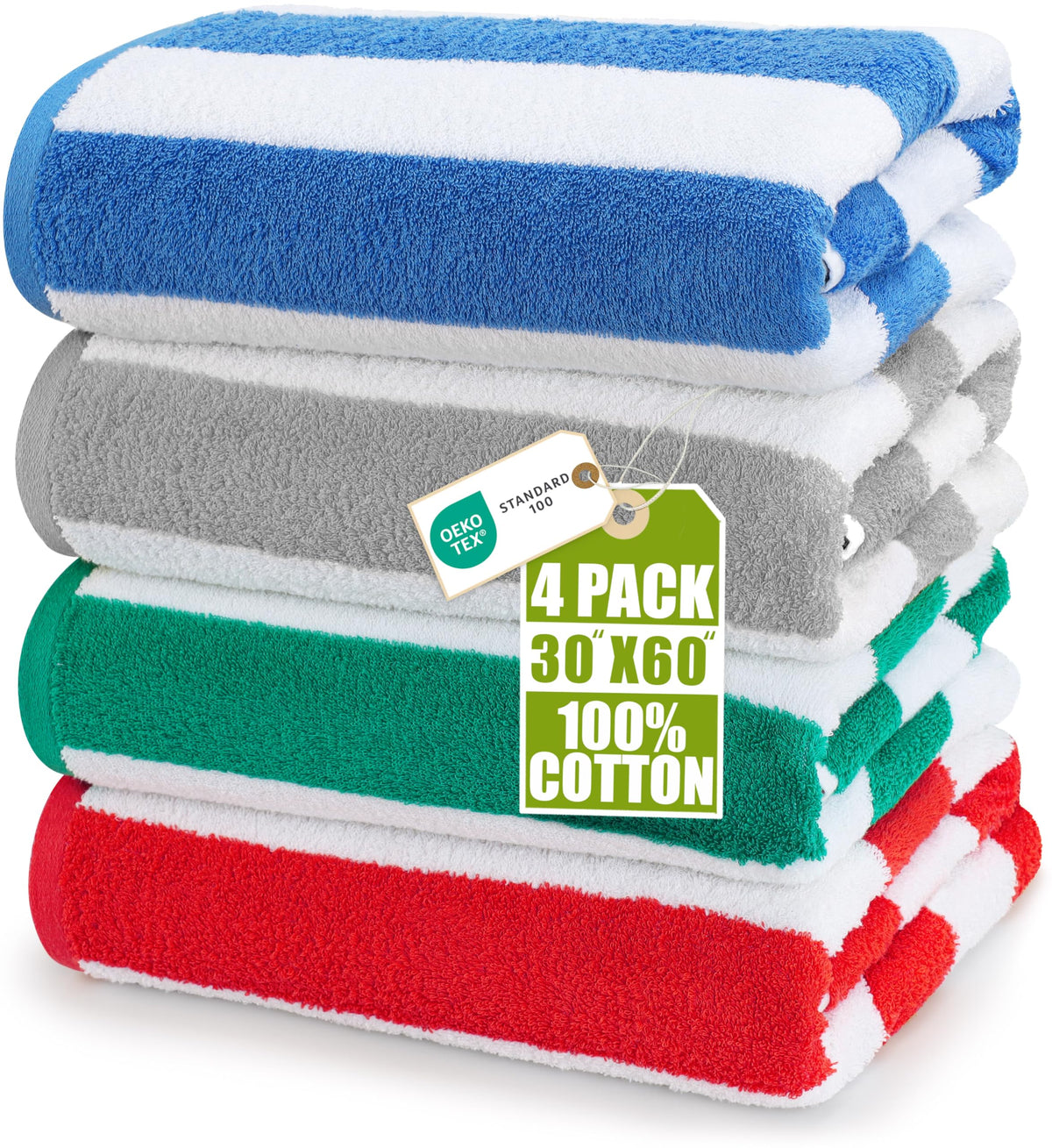 Utopia Towels front packaging showing four cabana-striped towels, easy selection