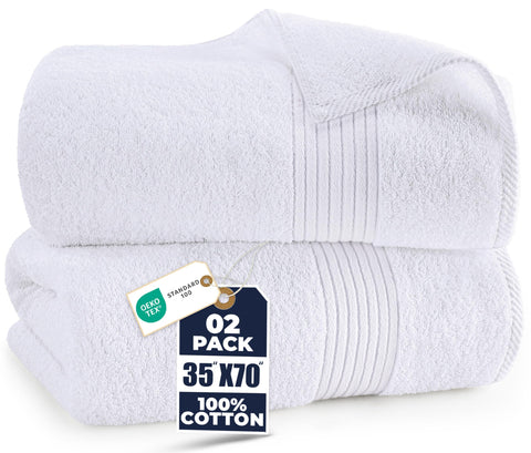 Utopia Towels front view of two white bath sheets showing size and packaging benefit