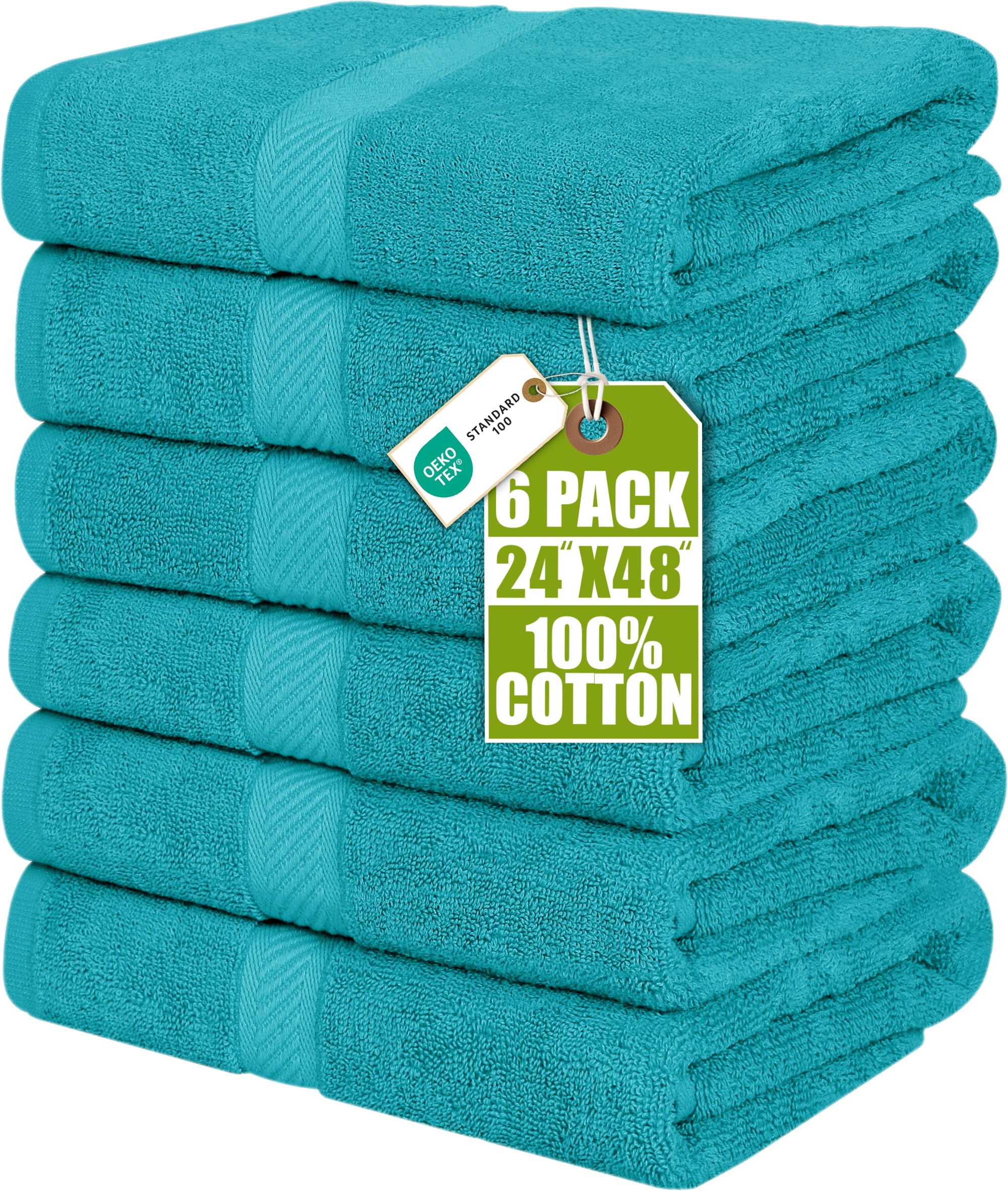 Utopia Towels front packaging showing six turquoise towels and compact set