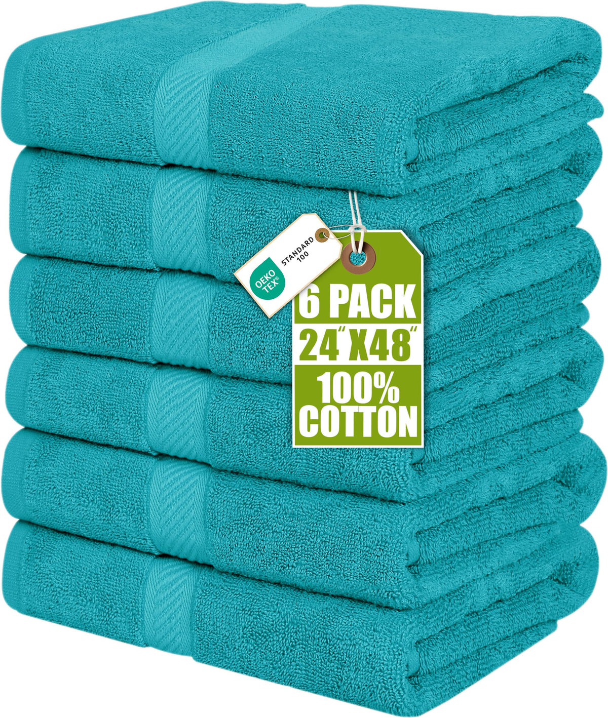 Utopia Towels front packaging showing six turquoise towels and compact set