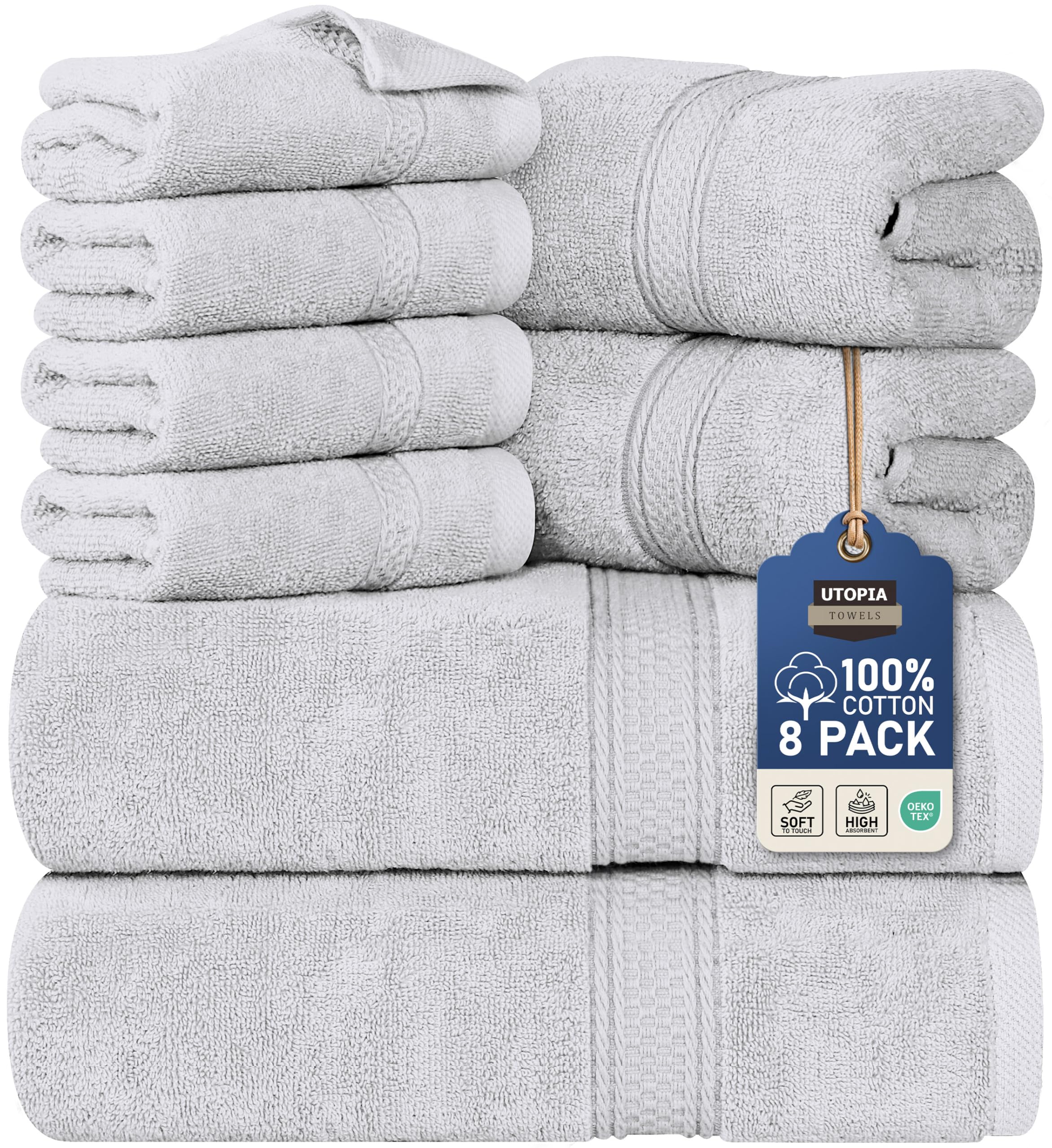 Utopia Towels front packaging showing full 8-piece set and benefits