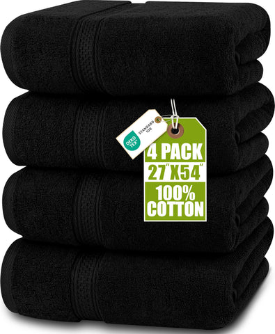 Utopia Towels front view of four black bath towels showing neat stack and sleek look