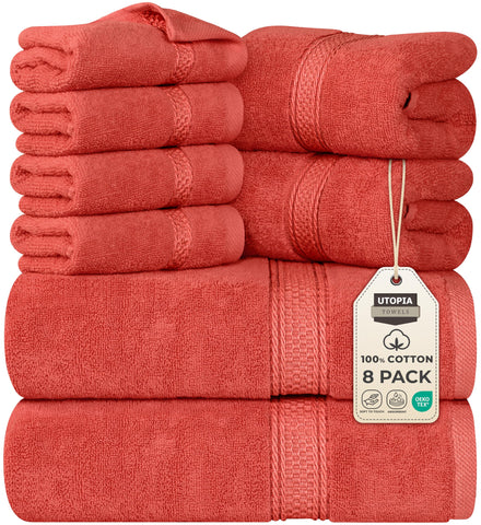 Utopia Towels front view of coral 8-piece set showcasing contents and packaging