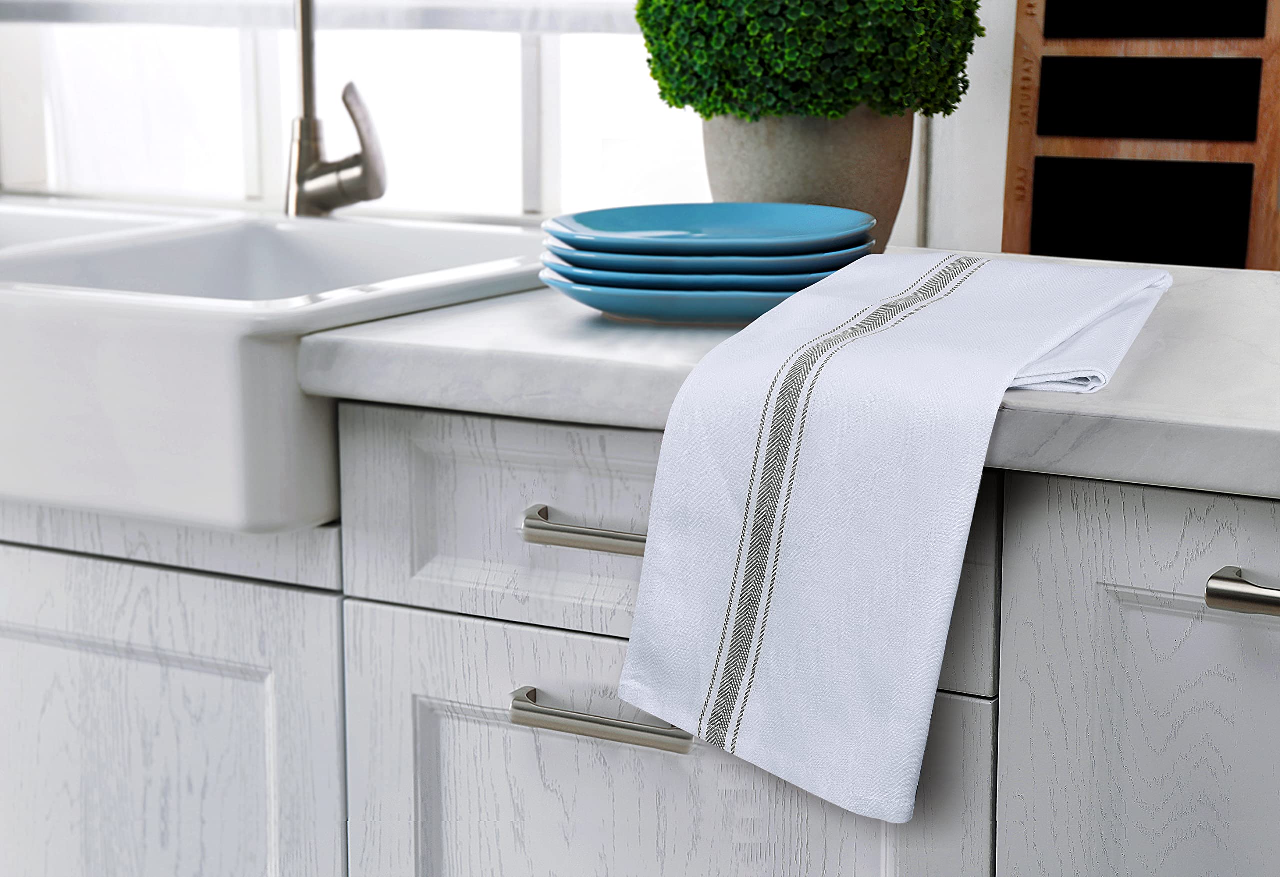 Utopia Towels hanging on a kitchen rod demonstrating convenient storage