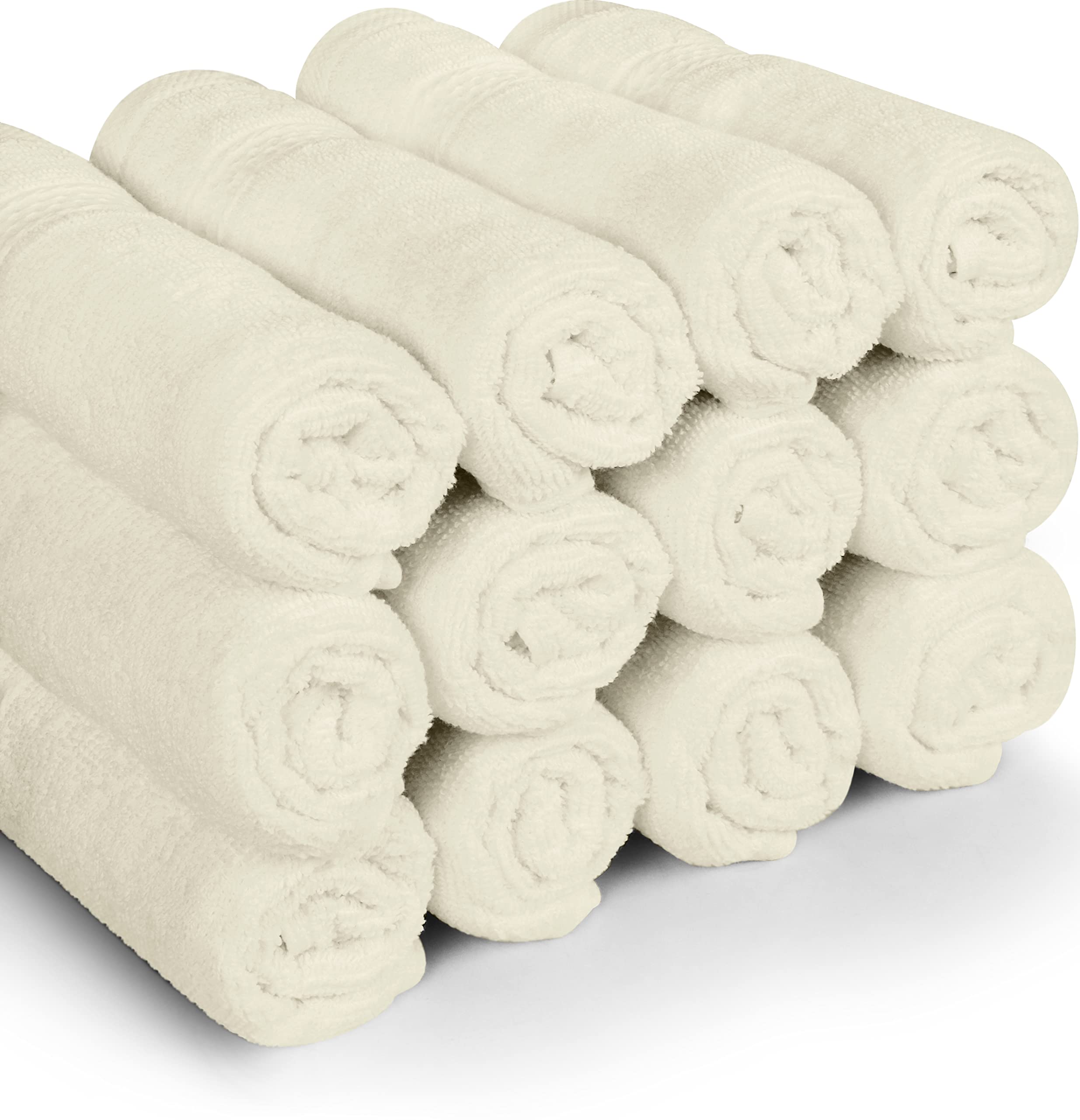 Utopia Towels styled on bathroom shelf as guest towels conveying neat, neutral decor