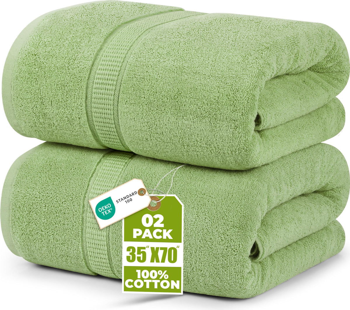 Utopia Towels front packaging showing two sage green jumbo bath sheets and value