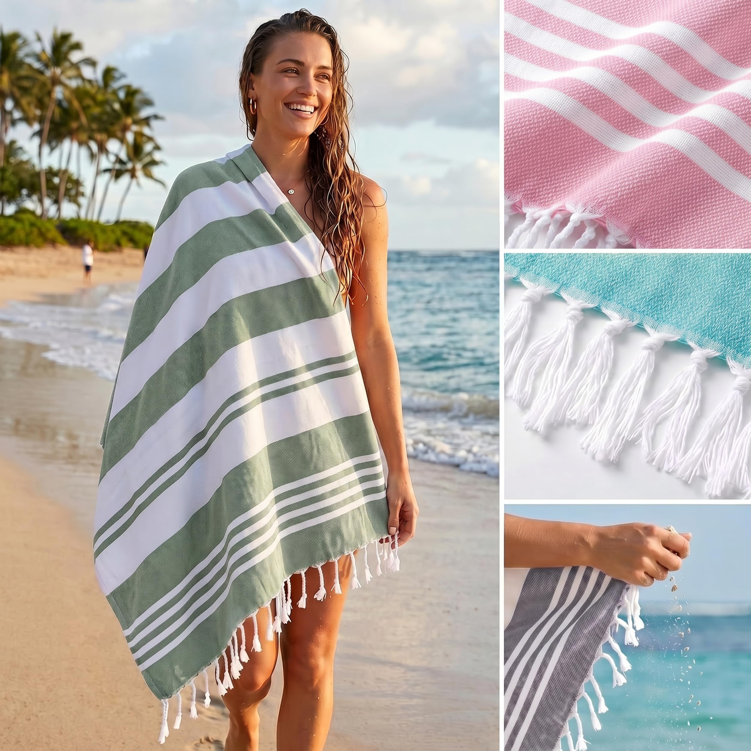 Utopia Towels on sandy beach in use illustrating quick shake-off sand release