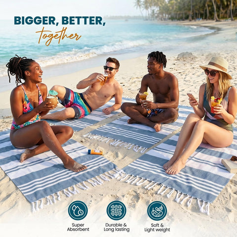 Utopia Towels spread on sand shows full 40x72 inch coverage
