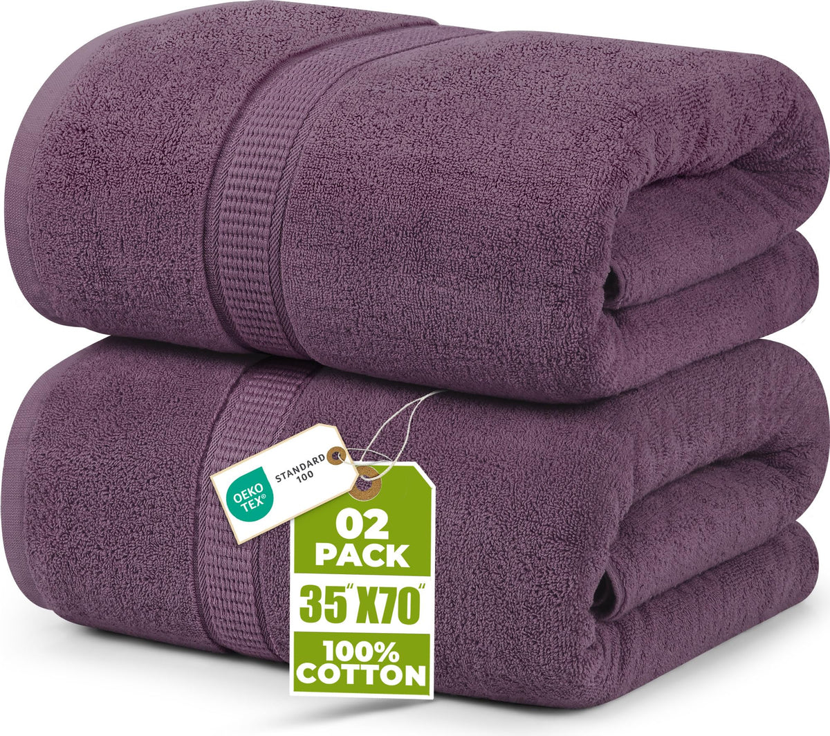 Utopia Towels folded two-pack front view shows neat packaging and rich plum color benefit: easy storage