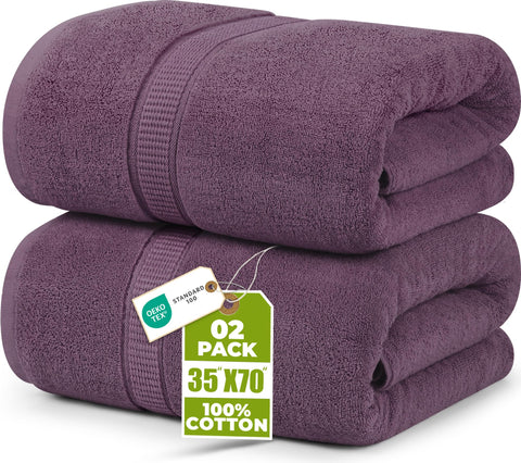 Utopia Towels folded two-pack front view shows neat packaging and rich plum color benefit: easy storage
