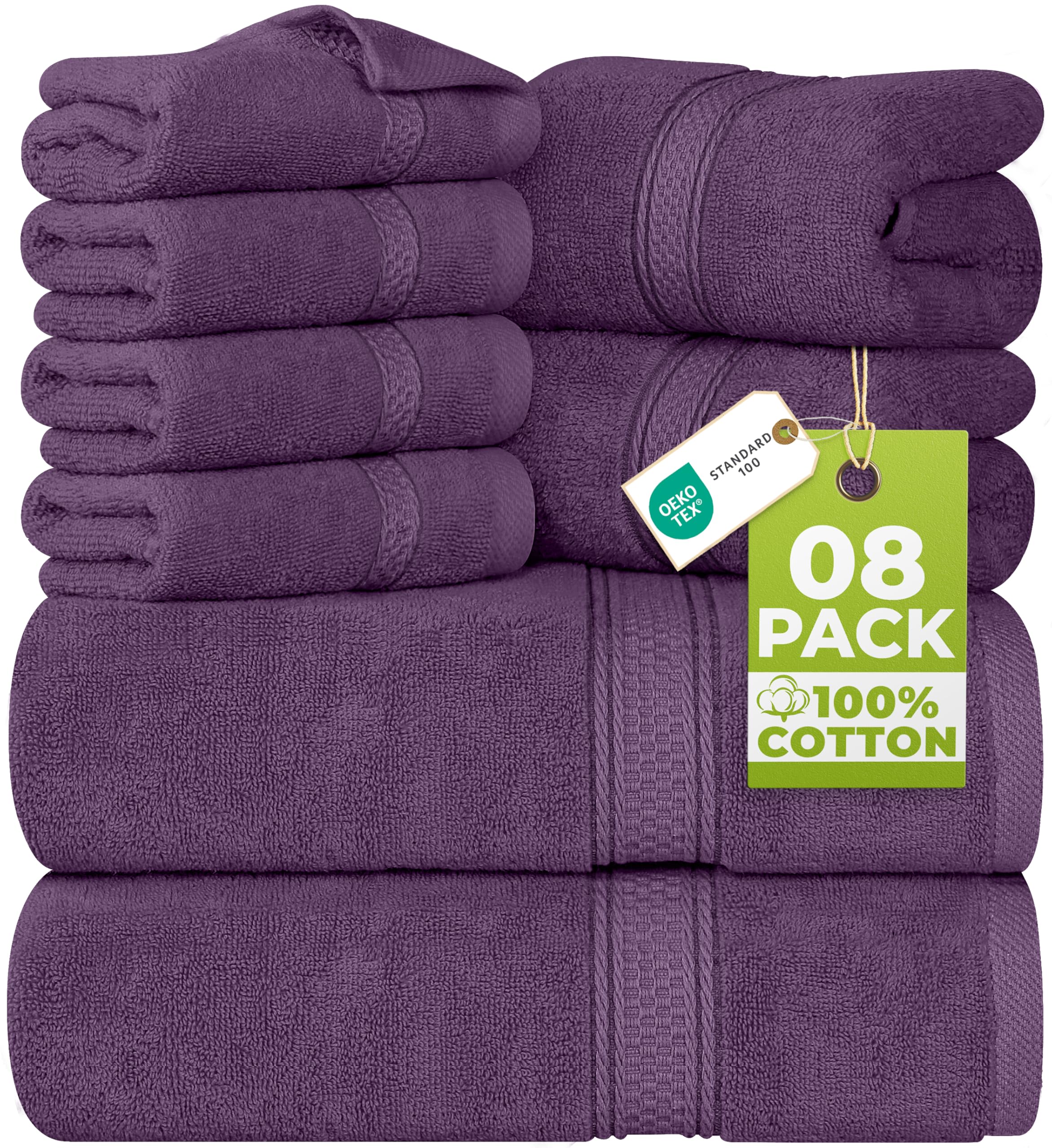 Utopia Towels front packaging showing full eight-piece plum set and value